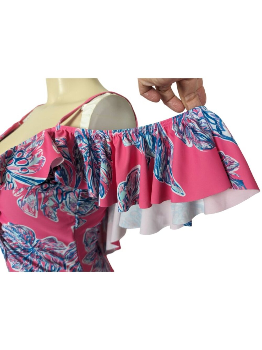 Nicole Miller One piece Leaves print pink blue cold shoulder ruffled Swimsuit S - Picture 8 of 13